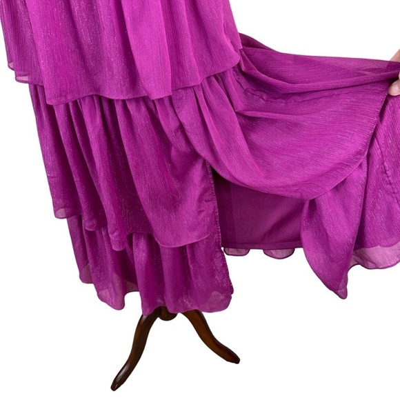 Lulus Tier for the Drama Magenta Purple Lurex Tiered Midi Dress - Picture 7 of 15